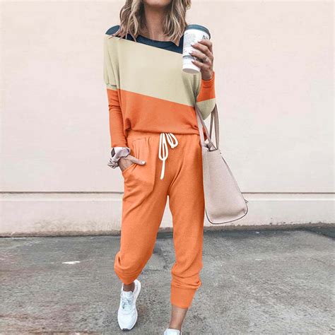 lcziwo Sweatsuits Women 2 Piece Outfit Color Block Crewneck Long Sleeve ...