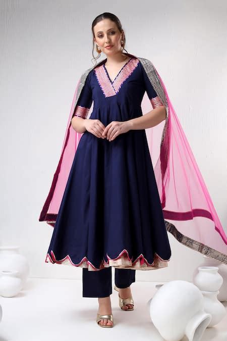 Buy Blue Cotton, Silk, Net Gota Patti V-neck Anarkali Pant Set For ...