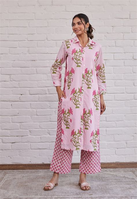 Pink Floral Buta Hand Block Printed Kurta