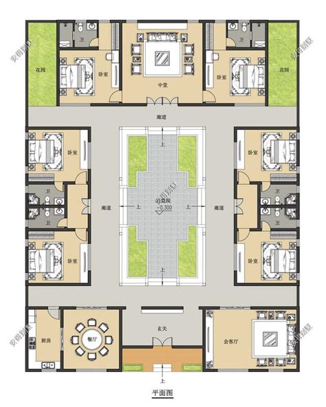 二层中式三合院别墅设计图，古色古香的设计，带庭院的别墅_四合院设计图_鲁班设计图纸官网