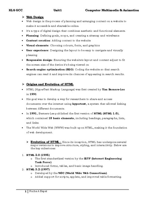 KLS GCC Unit1 Multimedia Animation: Web Design & HTML Basics Notes ...