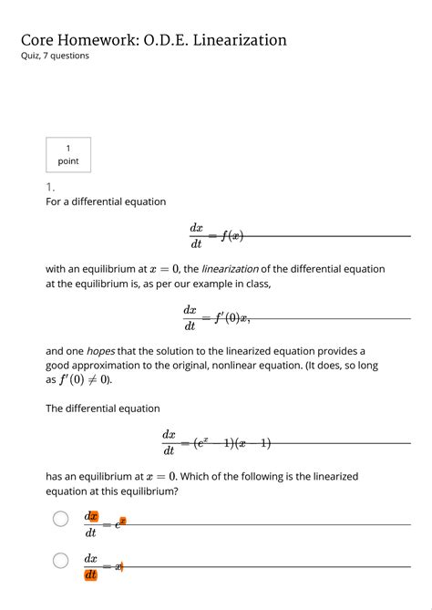 O.D.E. Linearization - Core Homework: O.D. Linearization Quiz, 7 ...
