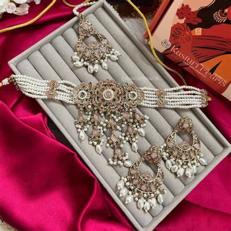 Reem Pink color Moti choker set – Kasturi pearls