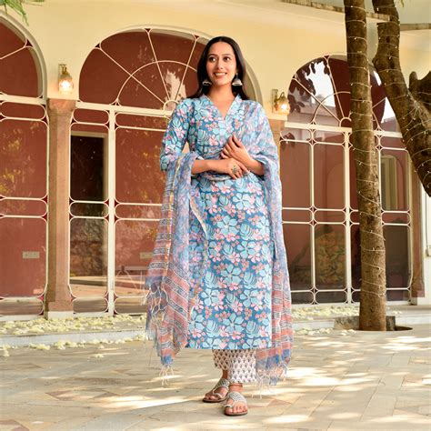 Buy Banni Blue Cotton Straight Suit Set at Jaipuri Adaah