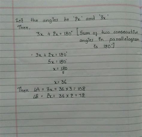 Two consecutive angels A and B of a parallelogram ABCD are in the ratio ...