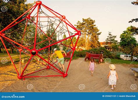 Kids Play in Rope Polyhedron Climb at Playground Outdoor Stock Image ...