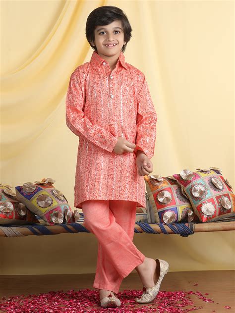Cutiekins Boys Floral Print Shirt Collar Kurta with Pajama -Coral & Or