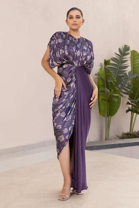Buy Purple Georgette, Satin Embroidery Round Neck Floral Print Draped ...