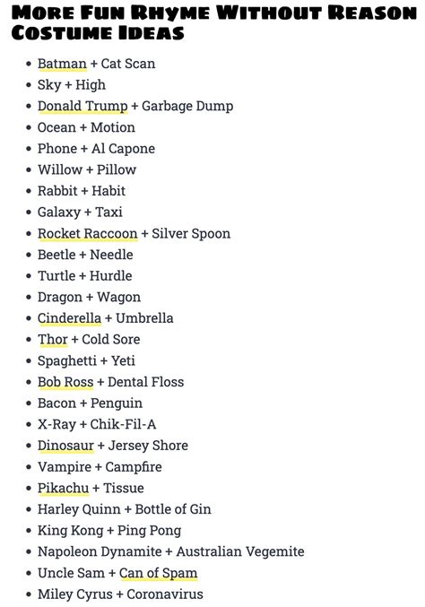 50+ Hilarious Rhyme Without Reason Costume Party Ideas