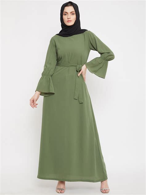 Nabia Women Jade Green Side Pockets A- Line Abaya with Georgette Scarf