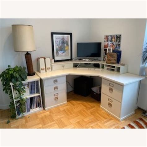 Pottery Barn White Bedford 5 Drawer Corner Desk w/ Hutch - AptDeco