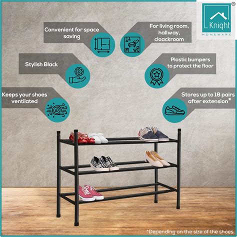 Buy Knight 3 Tier Black Shoe Rack Extendable & Stackable | Holds 18 ...