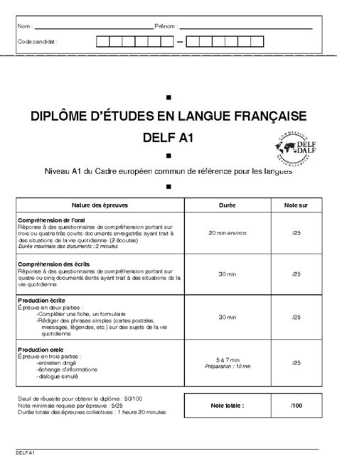 DELF A1 Sample Exam - Compréhension & Production Sections - Studocu