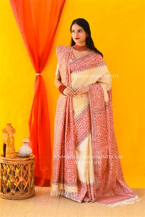 Laal Patta Handpainted Tussar Silk Saree – MADHUBANI PAINTS BY ASHA JHA