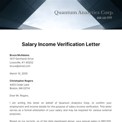 Salary Income Verification Letter Template - Edit Online & Download Example | Template.net