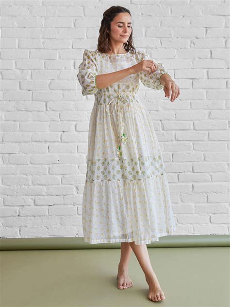 Buy White Green Hand Block Printed Chanderi Dress with Slip | TYB01124 ...