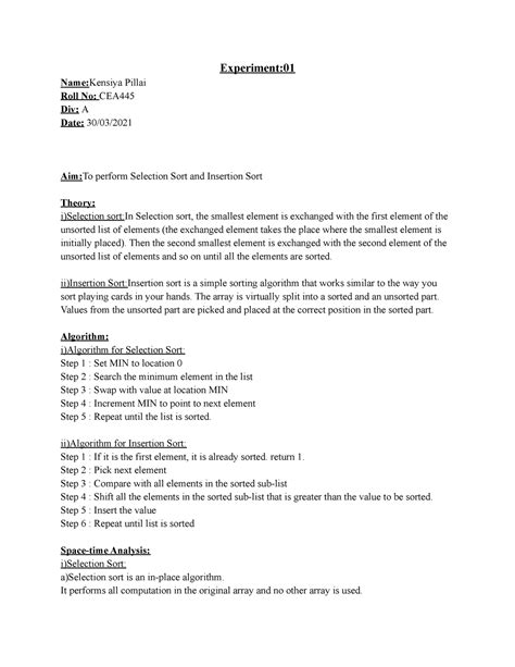 AOA Assign 1 - Experiment: Name: Kensiya Pillai Roll No: CEA Div: A ...