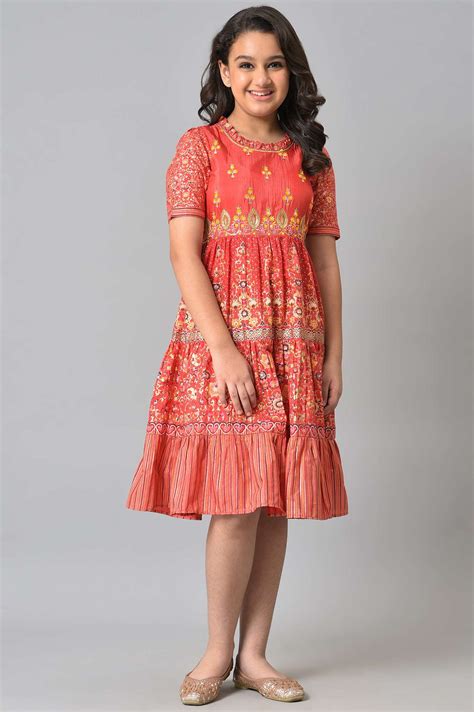 Buy Girls LIVA Red Floral Foil Print Flared Dress Online for Woman ...
