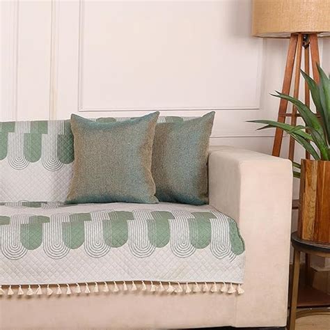 STITCHNEST Quilted Velvet Sofa Cover with Tassels – 70x60 Inch, Green ...