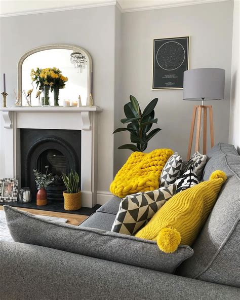 My grey, yellow and white living room, with parquet floor, grey sofa ...