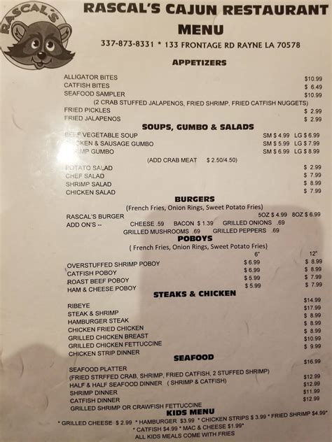Menu at Rascal's Cajun Restaurant, Rayne
