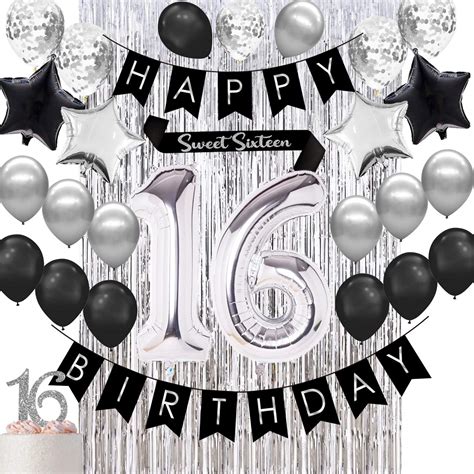 Buy Himall Sweet 16th Birthday Decorations Black and Silver Birthday ...