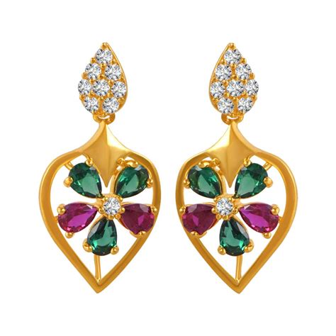 Buy 22K gemstone flower on top of a leaf design gold earrings with ...