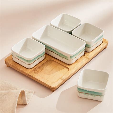 Buy Showstopper Set of 5 Porcelain Serving Bowls with Bamboo Stand from ...