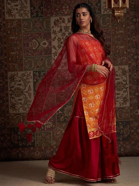 Indo Era Orange Printed Straight Kurta Sharara With Dupatta Set – indoera