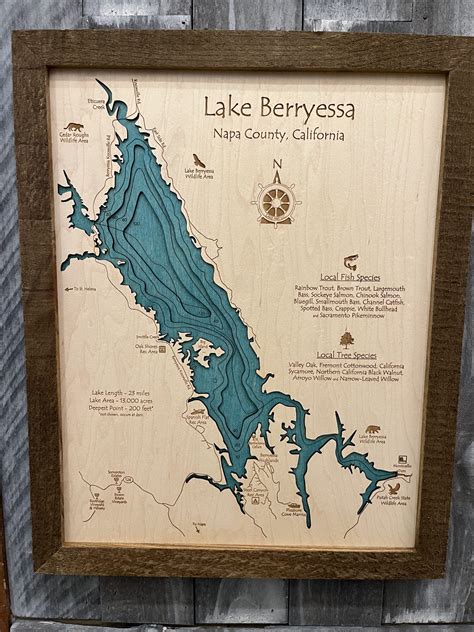 Lake Berryessa, California 3D Nautical Chart, Barnwood Frame, 14" x 18 ...