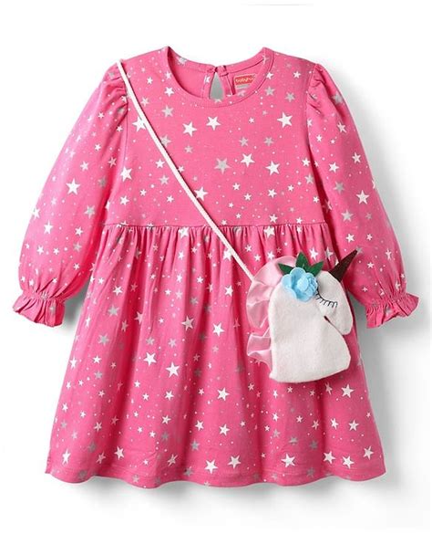 Babyhug Cotton Knit Full Peasant Sleeves Star Printed Frock With ...