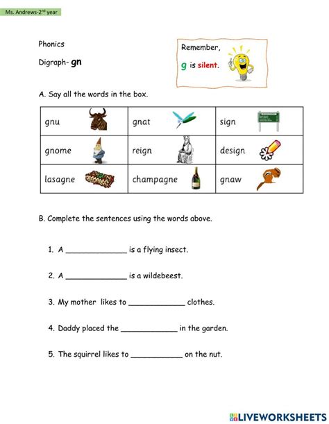 Silent k and g in kn and gn words - kn and gn Digraphs ... - Worksheets ...