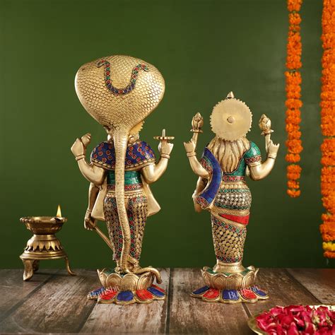 Brass Vishnu and Lakshmi Statues | 17" Height - Budhshiv.com
