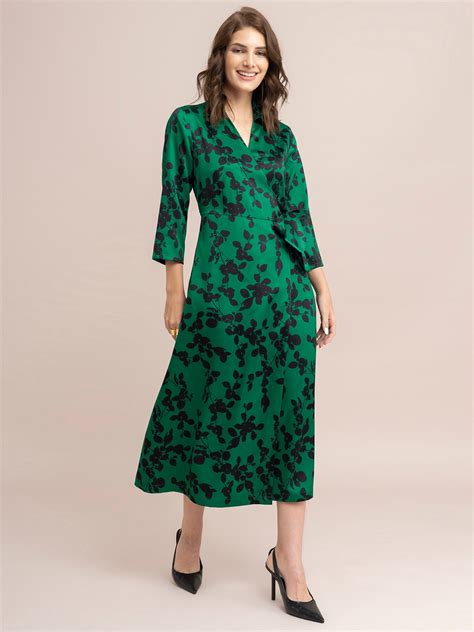 Buy Green And Black Satin Floral Print Wrap Dress Online | FableStreet