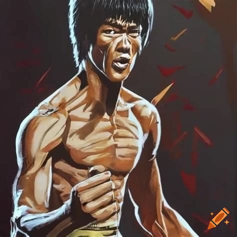 Bruce lee in a fierce martial arts pose