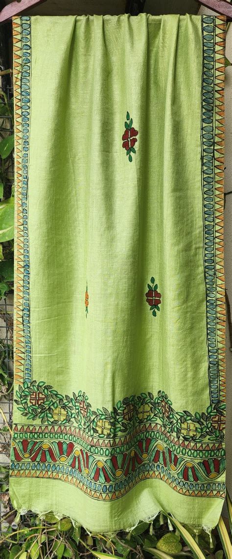 Madhubani stole Indian gfits Handmade gifts green mehndi look – VIVARANG