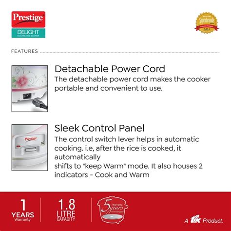 Prestige PRCK 1.8 Delight 650 Watts Electric Rice Cooker, with ...