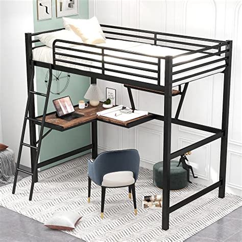 Buy Twin Metal Loft Bed with L-Shaped Desk and Shelf, Heavy Duty Loft ...
