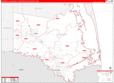 Brownsville-Harlingen, TX Metro Area Wall Map Red Line Style by ...