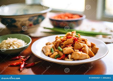 Sliced Ginger Root beside a Dish of Kung Pao Chicken Stock Image ...