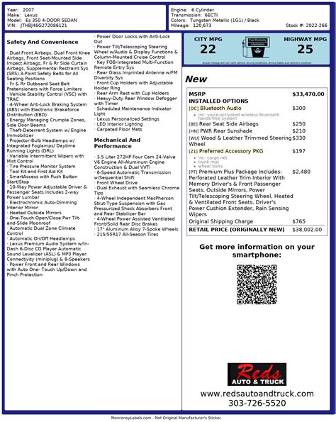 Window Sticker for 2007 Lexus Es 350 4 Door Sedan