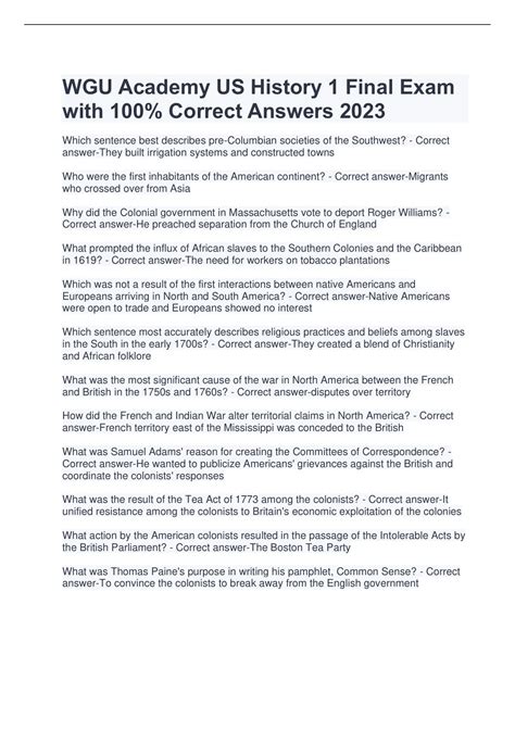 WGU Academy US History 1 Final Exam with 100% Correct Answers 2023 ...