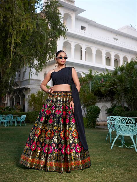 Black Color Weaving Zari Work Banarasi Silk Co-ord Set Lehenga With Ge ...