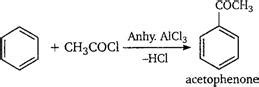 Benzene reacts with CH3COCl in the presence of AlCl3 and gives