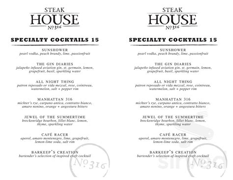 Steak House No. 316 menu in Aspen, Colorado, USA