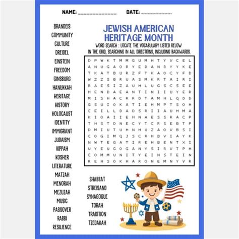 JEWISH AMERICAN HERITAGE MONTH word search puzzle worksheet activity