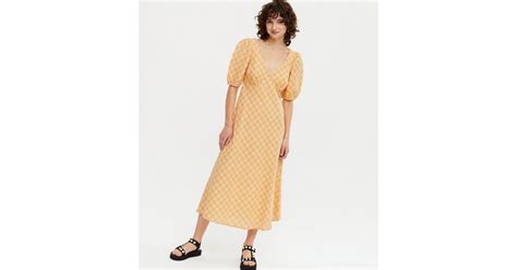 Orange Check Puff Sleeve Midi Tea Dress | New Look