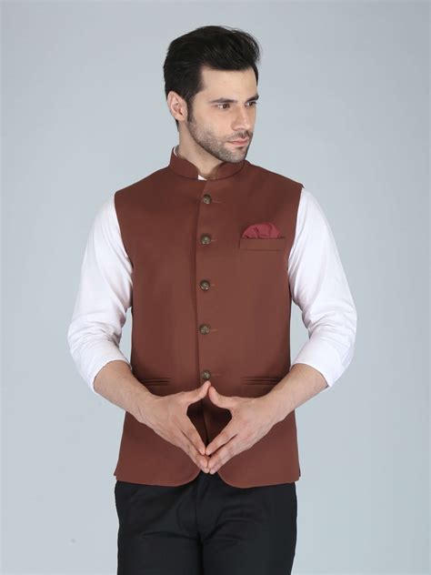 Solid Brown Casual Nehru Jacket For Men | Amogue