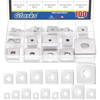 Glarks 100pcs M3 M4 M5 M6 M8 M10 M14 Square Washers Assortment Set, 15 ...