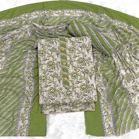 Charming Green Floral Printed Cotton Blend Dress Material Featuring In